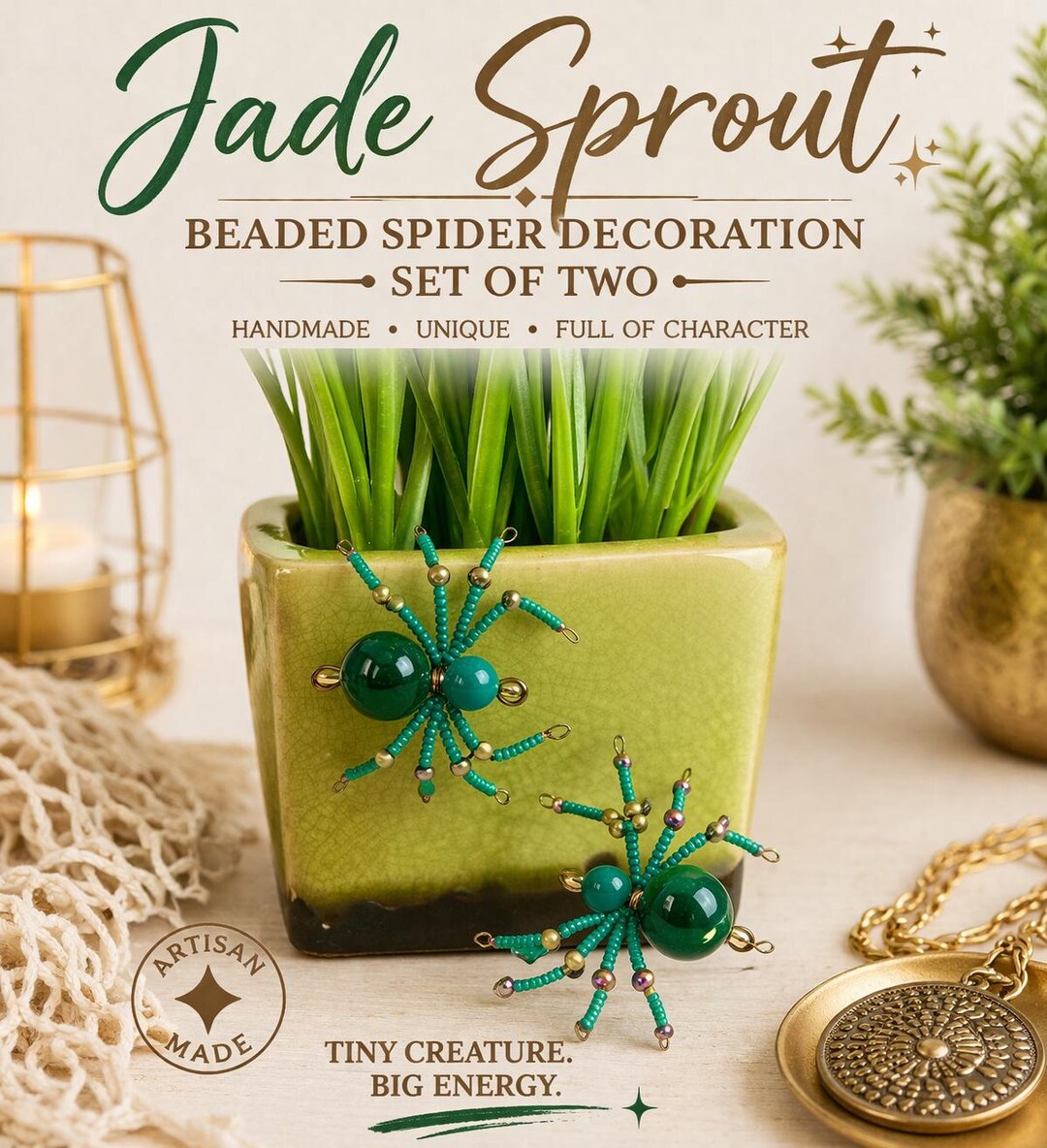 Set of 2 Handmade Beaded Spiders – Emerald Crystal Garden Decor ...
