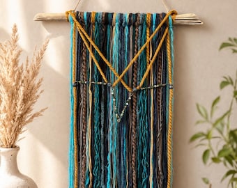 Unique Wall Hanging | Handmade Yarn & Fiber Art | Rustic Wood Wall Decor | Neutral Boho Home Decor | One of a Kind Wall Hanging