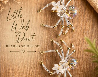 Set of 2 Beaded Spider Ornaments, Crystal & Gold Spider Set, Handmade Spider Decor, Dainty Spider Gift, Iridescent Spider Pair, Unique Gift