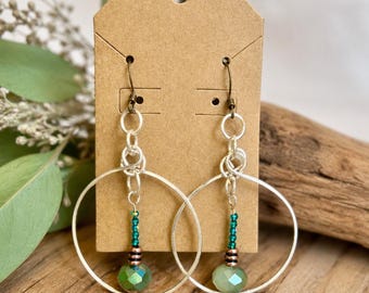 Handmade Boho Hoop Earrings | Green Crystal Dangle Artisan Jewelry