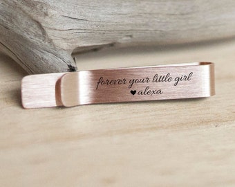 Engraved Tie Bar, Father of the Bride Gift, Modern Wedding Rose Gold Tie Clip, Hidden Message, Engraving on Back, Forever Your Little Girl