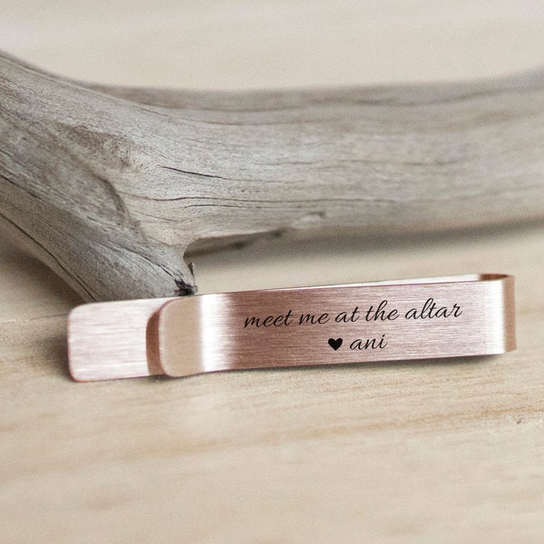 Engraved Personalized Tie Bar, Gift for Groom from Bride, Rose Gold Wedding Tie Clip, Modern Minimalist, Hidden Message Engraving, Altar