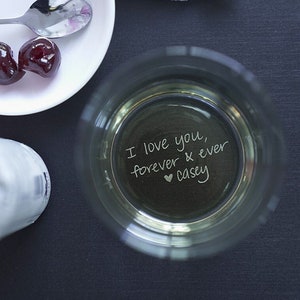 Personalized Whiskey Glass for Father of the Bride, Engraved Handwritten Message on Bottom of Rock Glass, Secret Message Whiskey Glass Gift