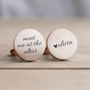 Engraved Personalized Cufflinks, Groom Gift from Bride, Modern Rose Gold Wedding Cuff links, Minimal Silver Cuff Link, Meet Me at the Altar
