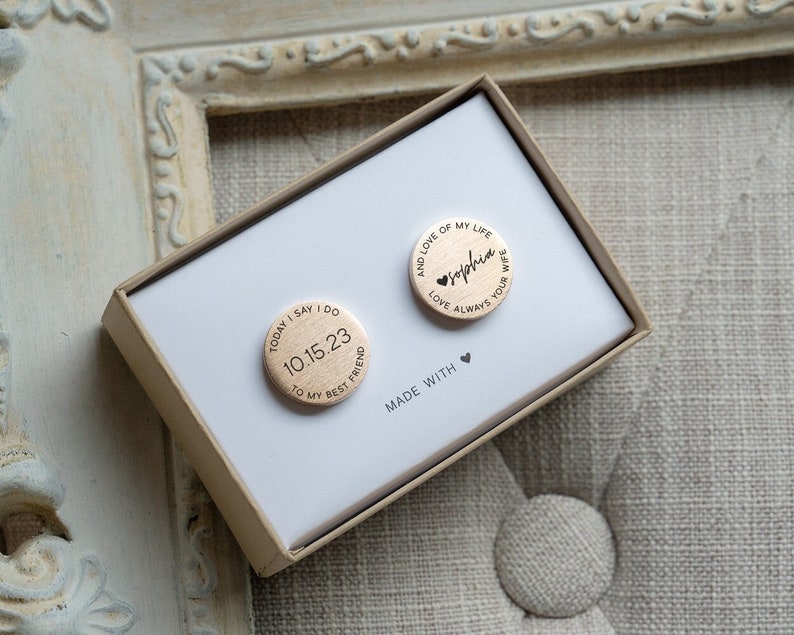 Groom Gift from Bride, Personalized Cufflinks, I Do, Custom Engraved Rose Gold Jewelry, Modern Wedding Cuff links, Minimal Wedding Gift Idea image 1