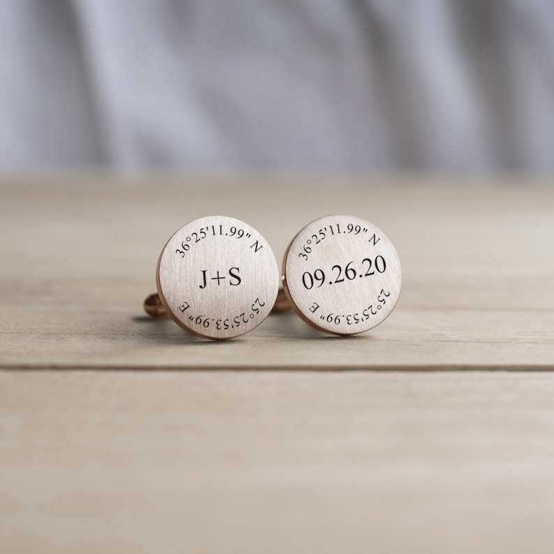 Engraved Personalized Cufflinks, Custom Coordinates Groom Gift from Bride, GPS Wedding Cuff links, Latitude & Longitude image 1