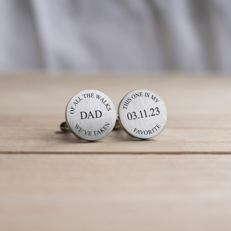 Engraved Personalized Cufflinks, Wedding Gift, Sweet Message for Father of the Bride Gift, My Favorite Walk, Modern Wedding Cuff links image 1