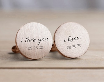 Engraved Personalized Cufflinks, Groom Gift from Bride, Rose Gold Wedding Cuff link, Silver Wedding Cufflink, I love you, I know Star Wars