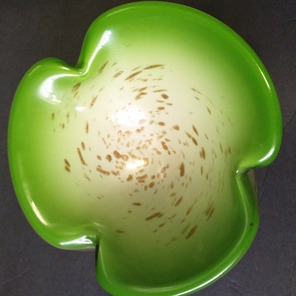 Murano Art Glass Bowl Green Gold Flecks