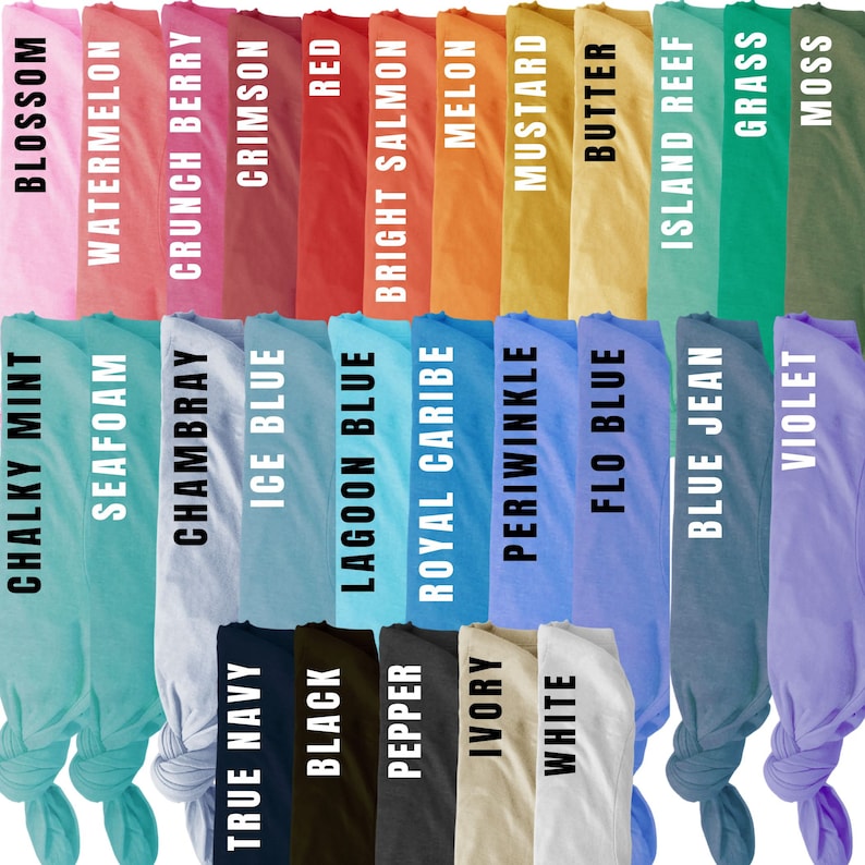 May include: A collection of 24 fabric swatches in various colors, including Chalky Mint, Blossom, Seafoam, Watermelon, Chambray, Crunch Berry, True Navy, Ice Blue, Crimson, Black, Red, Lagoon Blue, Pepper, Bright Salmon, Royal Caribe, Melon, Ivory, Periwinkle, Mustard, White, Flo Blue, Butter, Island Reef, Blue Jean, Grass, and Violet. The swatches are arranged in two rows, with the names of each color printed below.