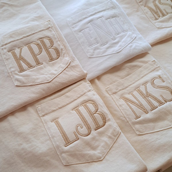 Monogram Bridesmaid Shirts, Embroidered Comfort Colors Pocket Tshirts, Monogrammed Bridal Party Shirts, Cute Bachelorette Tshirts, Oversized