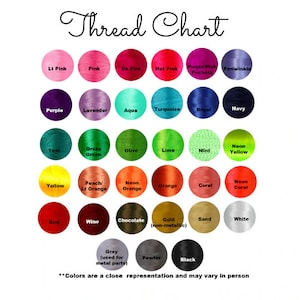May include: A thread chart with a variety of colors, including pink, purple, blue, green, yellow, orange, red, brown, gray, and black. The chart is labeled "Thread Chart" and includes the names of each color.