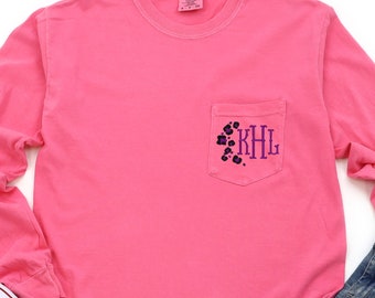 LONG SLEEVE Leopard Monogram Comfort Colors Shirt, Embroidered Monogram Pocket Shirt, Cheetah Monogram Shirt, Initials Shirt,