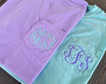 Embroidered Monogram Comfort Colors Tshirt, Mongrammed Pocket Shirt, Initial Tee, Lower Script Monogram, Beach Monogram, Plus Size Monogram