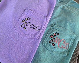 Embroidered Leopard Monogram Comfort Colors Tshirt, Monogram Pocket Shirt, Monogrammed Tee, Personalized Tshirt, Lower Case Script Monogram