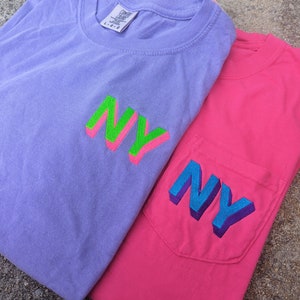 Shadow Block Monogram Comfort Colors Tshirt, Monogrammed Initial Shirt, Embroidered Shadow Monogram, Pocket Tee Monogram, Neon Monogram