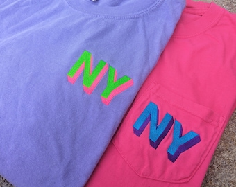Shadow Block Monogram Comfort Colors Tshirt, Monogrammed Initial Shirt, Embroidered Shadow Monogram, Pocket Tee Monogram, Neon Monogram