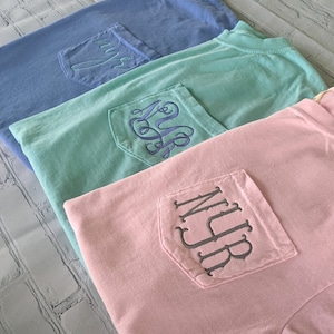 Monogrammed Comfort Colors Pocket Tshirt, Monogram Comfort Colors 6030 Tee, Embroidered Pocket Tee, Sorority Shirt, Bridal Party Shirts,