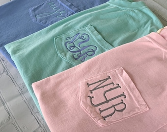 Monogrammed Comfort Colors Pocket Tshirt, Monogram Comfort Colors 6030 Tee, Embroidered Pocket Tee, Sorority Shirt, Bridal Party Shirts,