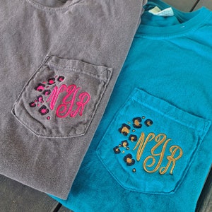 Leopard Monogram Comfort Colors Pocket Tshirt, Leopard Monogrammed Tee, Personalized Tshirt, Cheetah Monogram Shirt, Short Sleeve Pocket Tee