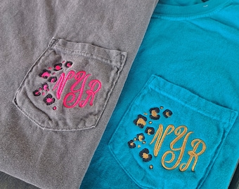 Leopard Monogram Comfort Colors Pocket Tshirt, Leopard Monogrammed Tee, Personalized Tshirt, Cheetah Monogram Shirt, Short Sleeve Pocket Tee