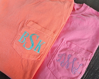 Summer Monogram Shirt, Comfort Colors Pocket Tshirt Monogram, Neon Monogrammed Shirt, Embroidered Monogram Tee, Lower Case Monogram,