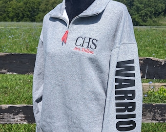 School Spirit Quarter Zip Pullover, Custom School Mascot Sweatshirt, Mascot Apparel, Branded Threads Emb School Pullover,  Glitter Sleeve