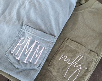 Comfort Colors Monogram Tshirt, Lower Case Monogram Shirt, Monogrammed Pocket Tee, Bridesmaid Shirts, Teacher Shirt, Embroidered Tshirt