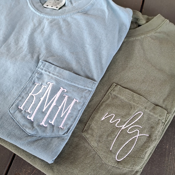 Comfort Colors Monogram Tshirt, Lower Case Monogram Shirt, Monogrammed Pocket Tee, Bridesmaid Shirts, Teacher Shirt, Embroidered Tshirt