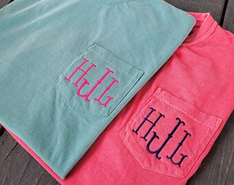 Comfort Colors Monogrammed Pocket Tshirt, Monogram Pocket Tee, Embroidered Bridesmaid Gift, Beach Monogram, Bridal Party Shirts, Get Ready