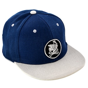 May include: A navy blue and grey baseball cap with a black and white embroidered design of a bird with a skull and crossbones.