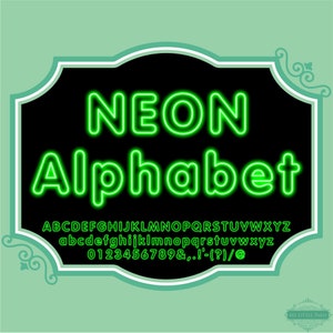 Neon Glow Effect Alphabet PNG Clip Art Green Letters Font Numbers Instant Download Files
