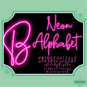 Puede incluir: Fuente de alfabeto rosa neón con una letra B grande en la esquina superior izquierda. La fuente es de estilo de escritura cursiva. Las letras están delineadas en rosa y tienen un efecto de brillo. El texto "Neon Alphabet" está escrito en un tamaño de fuente más grande sobre el alfabeto.