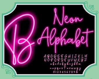 Neon Script Line Glow Effect Alphabet PNG Clip Art Letters Script Font Instant Download Files Pink Color