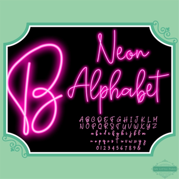 Neon Script Line Glow Effect Alphabet PNG Clip Art Letters Script Font Instant Download Files Pink Color