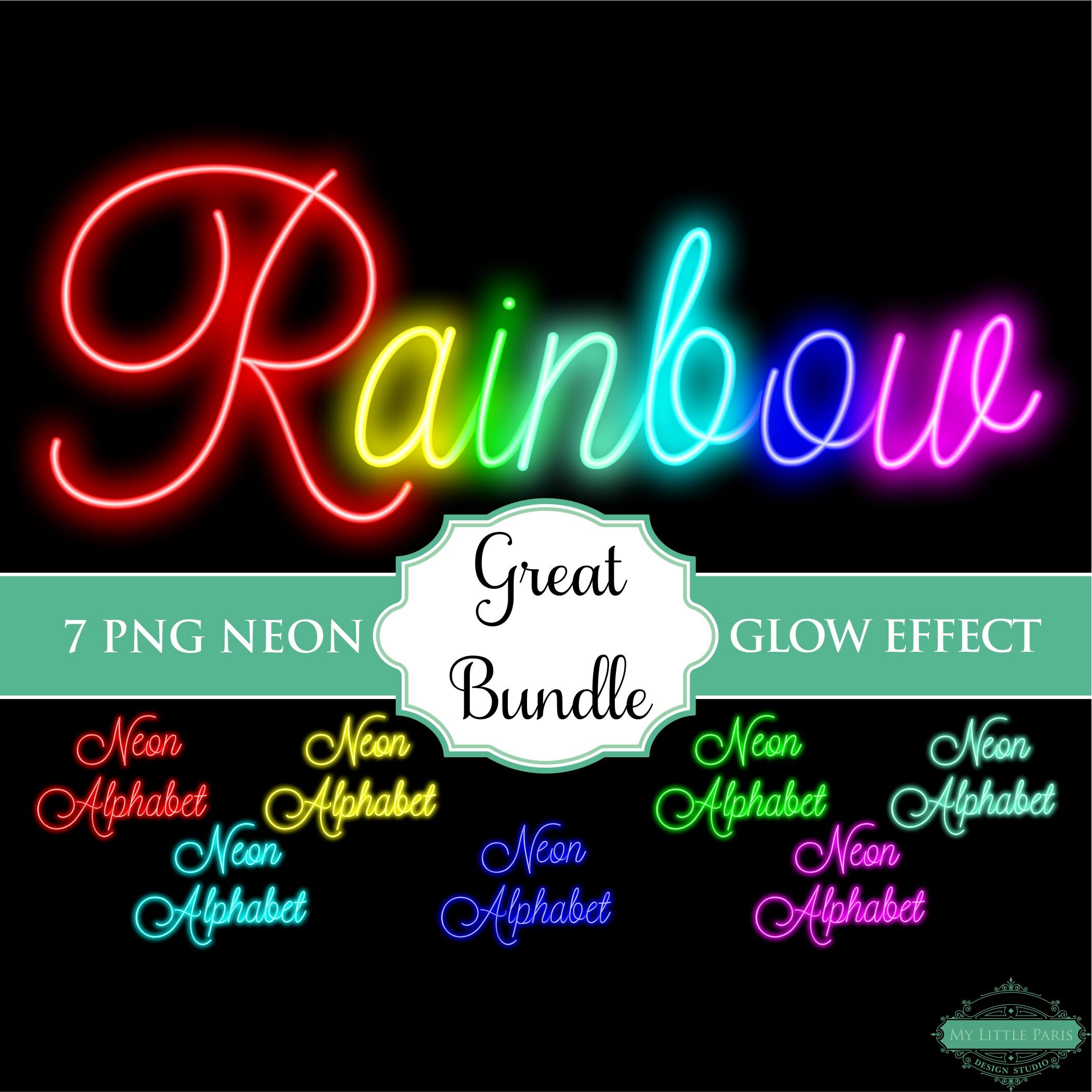 Neon Skript Glow Effect Bundle 7 Farben Alphabet PNG Clip Art Buchstaben Schrift Art Instant Download Dateien rot gelb grün Aqua Cyan blau Magenta
