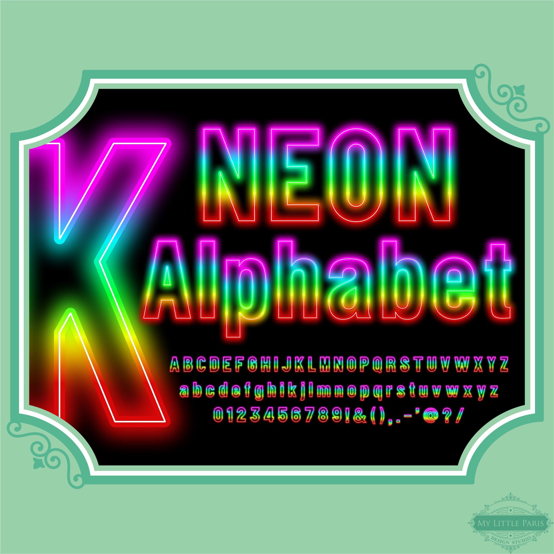 Neon Multicolor Rainbow Alphabet A PNG Clip Art Letters Font Numbers Instant Download Files