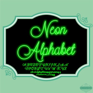 Neon Glow Effect Script Alphabet PNG Clip Art Letters Font Numbers Instant Download Files Green