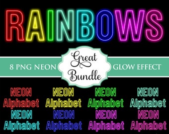 Neon Linie Glow Effect Bundle 8 Farben Alphabet PNG Clip Art Buchstaben Schriftart Instant Download Dateien rot gelb grün Aqua Cyan blau Magenta rosa