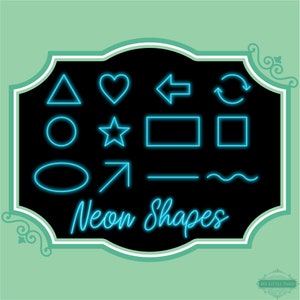 May include: A black background with a variety of neon blue shapes, including a triangle, heart, arrow, circle, star, rectangle, square, oval, and arrow. The text "Neon Shapes" is written in neon blue at the bottom of the image.