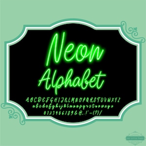 Green Neon Script Alphabet PNG Clip Art Letters Font Numbers Instant Download Files
