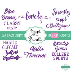 Könnte beinhalten: Ein digitaler Download von 10 Stick-Schriften in lila Farbe. Die Schriften umfassen "Blue Ocean", "Classy Style", "Frosted Cupcake", "Yellow Mustardo", "Lovely", "Serenity Script", "Bellizima", "Great Bundle", "Hello Florence", "Beauty Game" und "College Sports".
