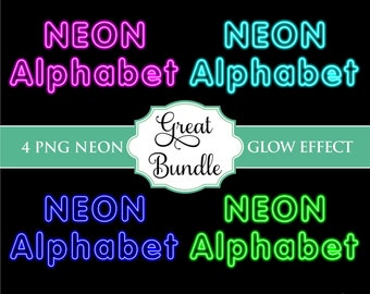 Neon Glow Effekt Bundle 4 Farben Alphabet PNG Clip Art Buchstaben SchriftZahlen Instant Download Dateien Magenta Cyan blau grün