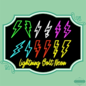 Könnte beinhalten: Ein schwarzer Hintergrund mit neun Neon-Blitzdesigns in verschiedenen Farben, darunter Grün, Weiß, Pink, Blau, Rot und Gelb. Der Text "lightning bolt neon" ist in gelben Neonbuchstaben am unteren Rand des Bildes geschrieben.
