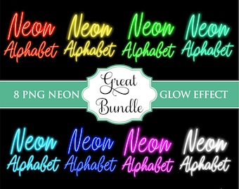 Neon Bundle 8 Farben Script Alphabet PNG Clip Art Buchstaben Schriftart Zahlen Instant Download Dateien