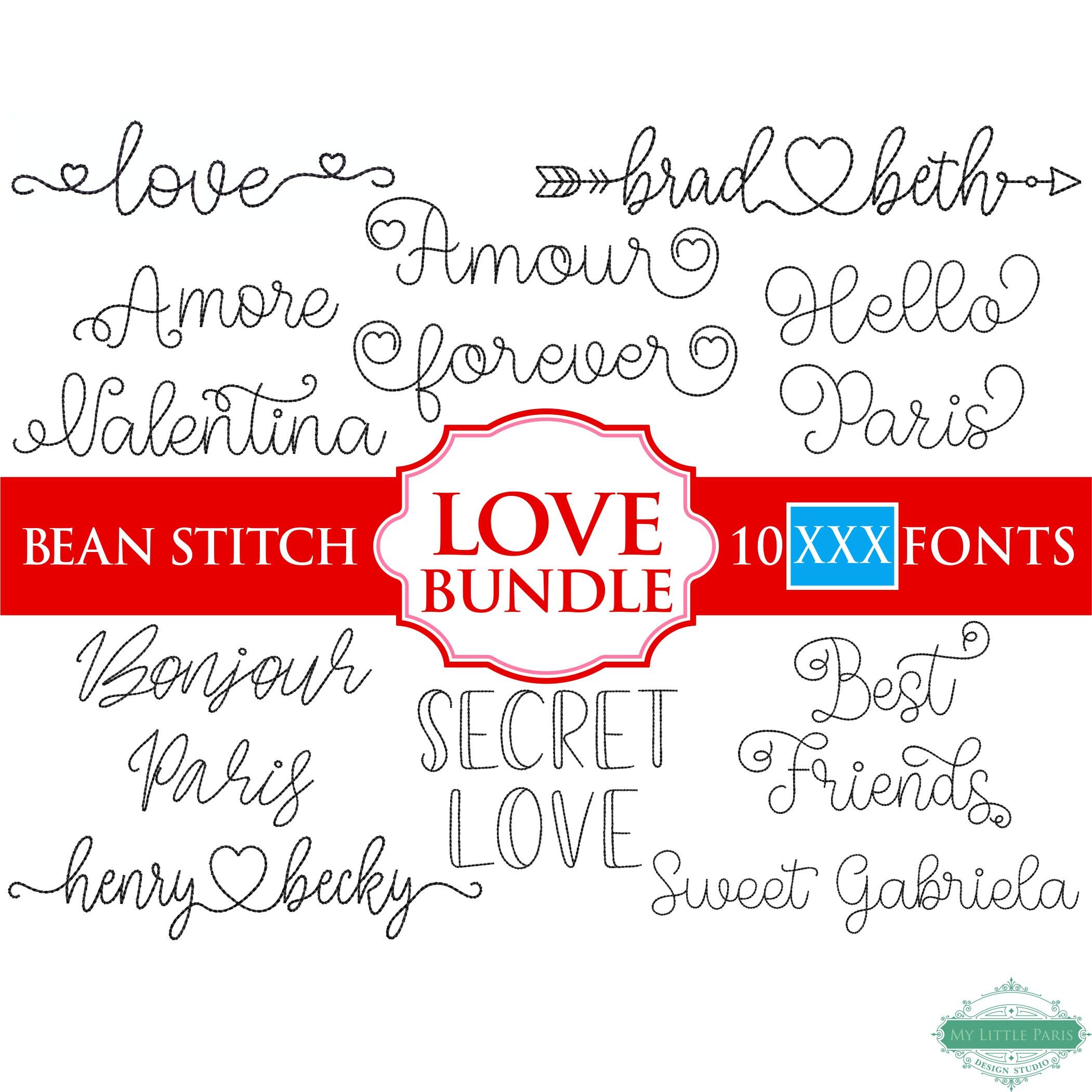 XXX Bean Stitch Embroidery Love Valentine Bundle #12 - 0.75" 1" 1.5" 2" - 10 XXX Format Fonts - Instant Download Files