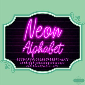 Peut inclure: Police d'alphabet rose néon avec des lettres majuscules et minuscules, des chiffres et des symboles sur un fond de brique noire. Le texte indique "Neon Alphabet".