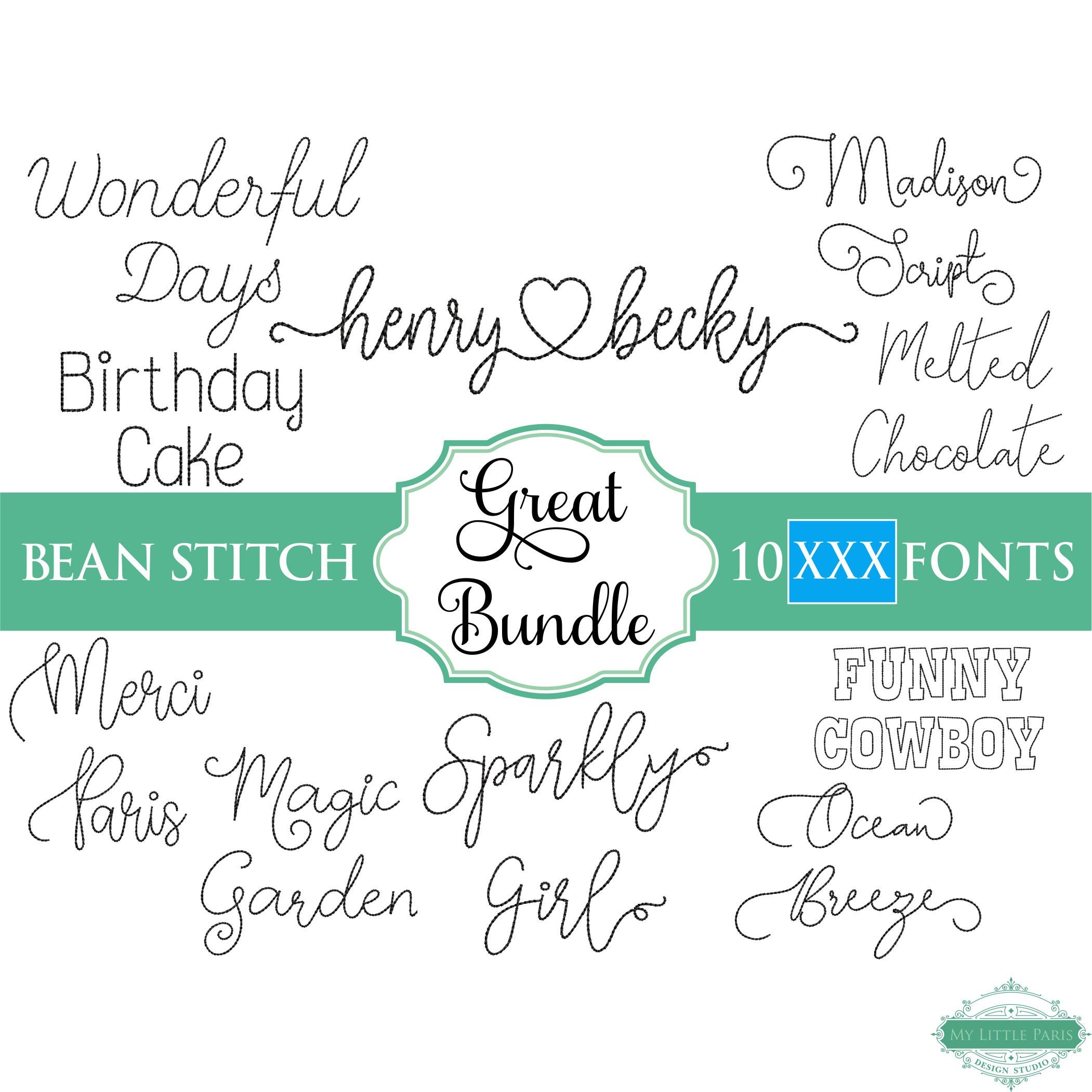 XXX Bean Stitch Embroidery Font Bundle #4  - 0.75" 1" 1.5" 2" - 10 XXX Fonts - Instant Download Files