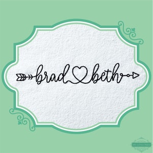May include: Black and white graphic design with an arrow and a heart connecting the names "brad" and "beth".