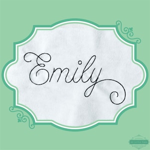 May include: A white background with a decorative border in a teal green color. The word "Emily" is written in a cursive font in black.